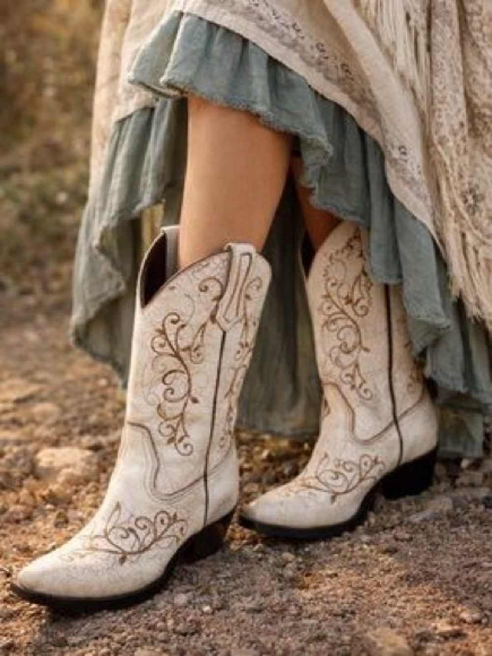J.B. Dillon Western Boots White Floral Embroidered Leather Square Toe size 8.5